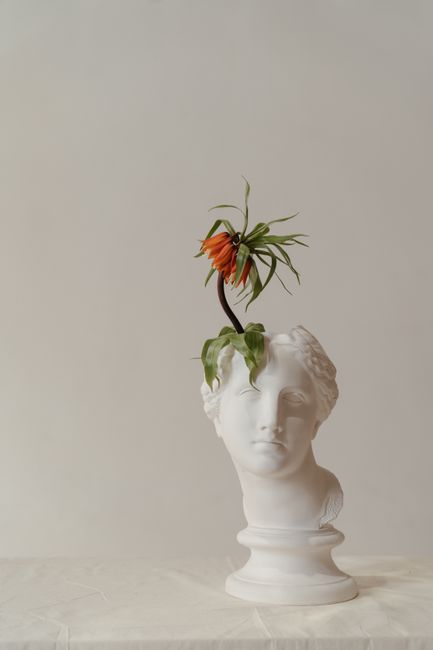 Artistic sculpture of a head bust with a vibrant floral bloom on a neutral background.