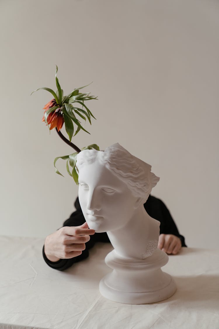 White Rose On Womans Face Ceramic Figurine