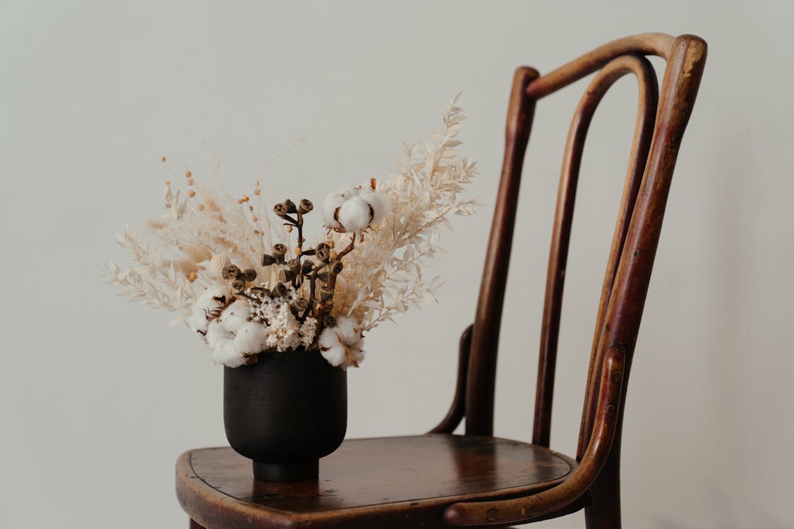 Free White Flowers in Black Ceramic Vase on Brown Wooden Chair Stock Photo