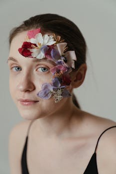 A woman with vibrant flower makeup creating a whimsical and fantasy-inspired portrait.
