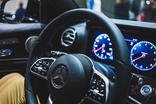 Detailed view of a Mercedes-Benz steering wheel and dashboard, showcasing luxury car interior features.