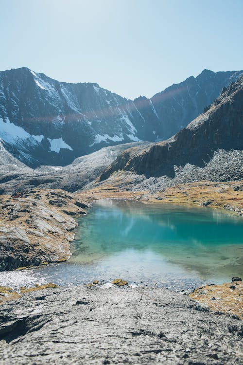 A Lake near a Snow Covered Mountain