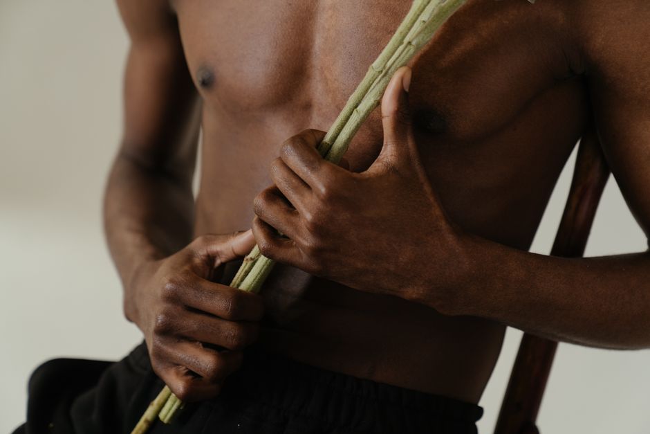 Detail shot of a shirtless man holding a plant stem against a neutral background.