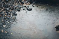 一个雨天，宁静的鹅卵石和水坑，展示着雨滴