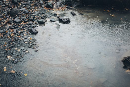 Serene view of a rainy day with pebbles and a puddle, showcasing raindrops.
