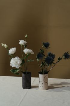 时尚静物中，现代花瓶里摆放着香芹和蓝色蓟花，背景柔和