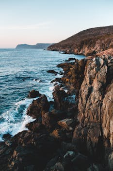 Breathtaking view of a rocky coastline with waves at sunset, showcasing nature's beauty.