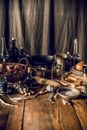 Cooking utensils and groceries on wooden table