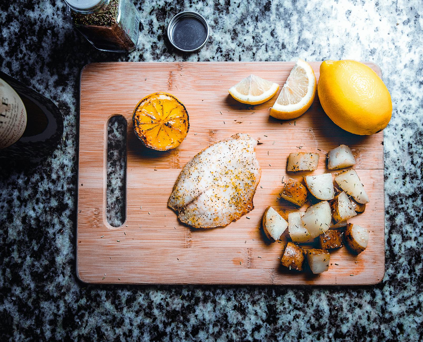 overhead shot of food being prepared on a cooking board