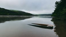 Abandoned wooden boat sank in river water flowing along lush forest under cloudy overcast sky