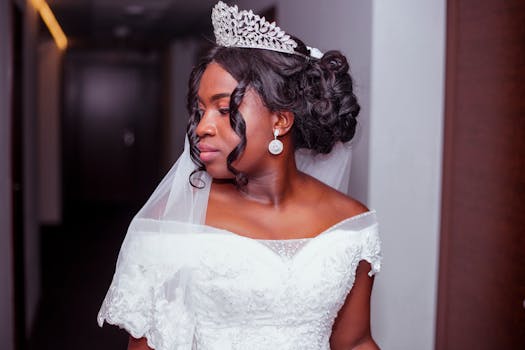 Elegant African American bride in a white gown and tiara, posing indoors in Luanda.