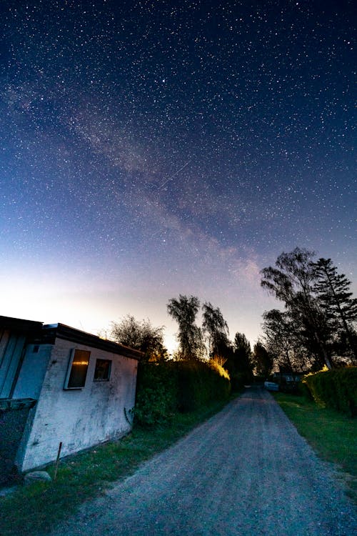 A White House Near the Trees Under a Starry Night