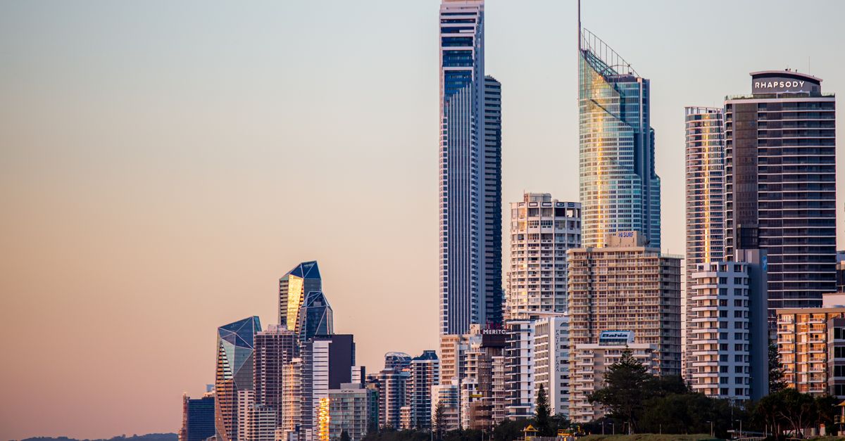 Vibrant cityscape of Surfers Paradise skyline during sunset in Queensland, Australia.