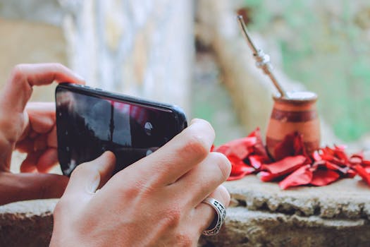 Hands holding a smartphone capturing a mate setup with fallen red petals outdoors.