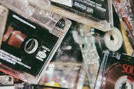 Heap of cassette tapes with old music