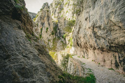 Breathtaking landscape of dangerous narrow path going through edge of rocky cliff in picturesque canyon on sunny day