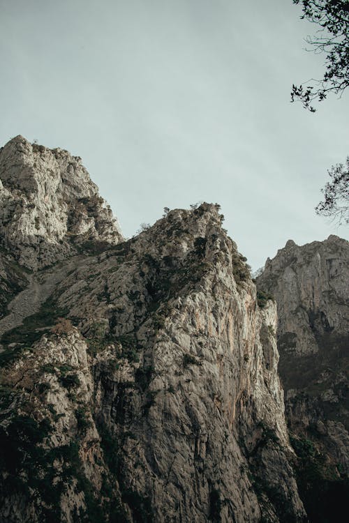 Rocky ravine with mountains on cloudy day