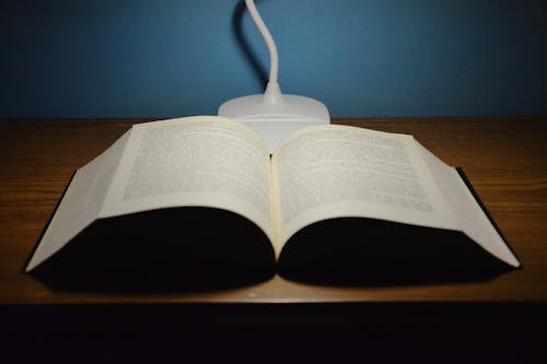 Free High angle of opened textbook placed on wooden table under artificial light of white lamp against blue wall Stock Photo