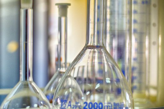 Detailed view of laboratory glassware displaying measurement markings, used for scientific research.