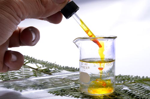 Free Crop unrecognizable scientist spilling yellow fluid with dropper into flask with transparent liquid while conducting chemical experiment in chemistry laboratory Stock Photo