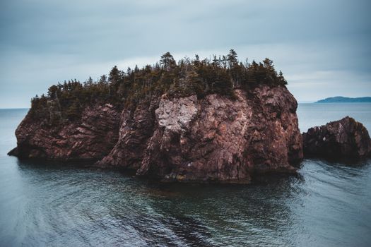 A rocky island with coniferous trees surrounded by calm ocean waters under an overcast sky.