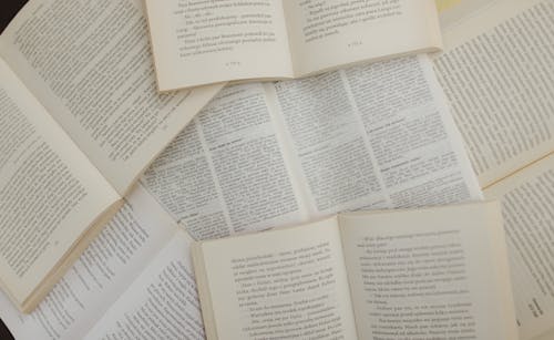 From above of opened books with white pages placed above each other in library