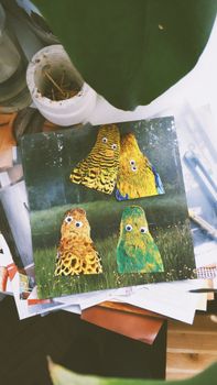 这幅充满活力的手工鸟类拼贴画以粘稠的眼睛为特色，在树叶背景上展现了创造力和艺术