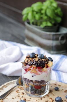 Healthy yogurt parfait with blueberries, granola, and peaches in a glass cup.