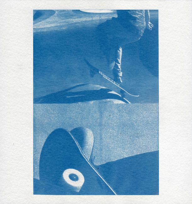 Creative cyanotype showing a dynamic view of skateboarding.