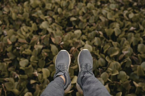 Selective Focus Photo of a Person's Feet Wearing Gray Shoes