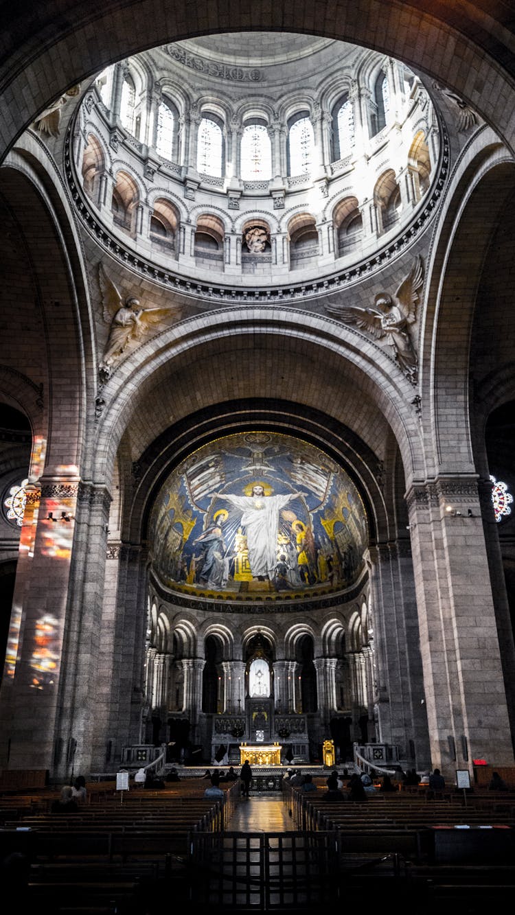 Old Masonry Catholic Cathedral Interior With Murals