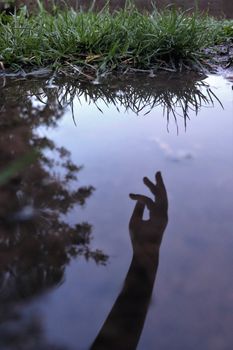 A shadow of a hand is cast on a water puddle reflecting grass over the top edge.