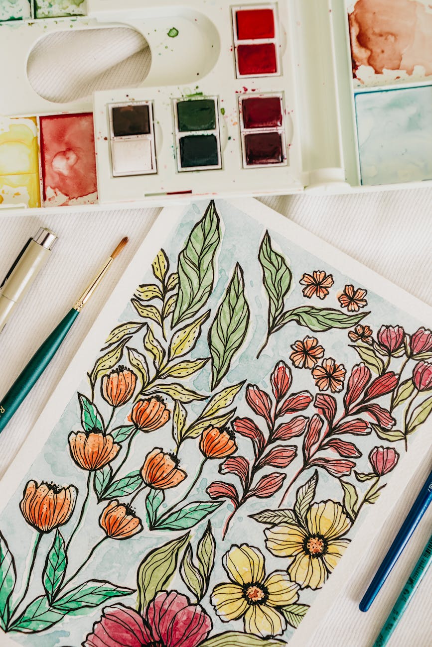 Creative painting of plants near watercolor · Free Stock Photo