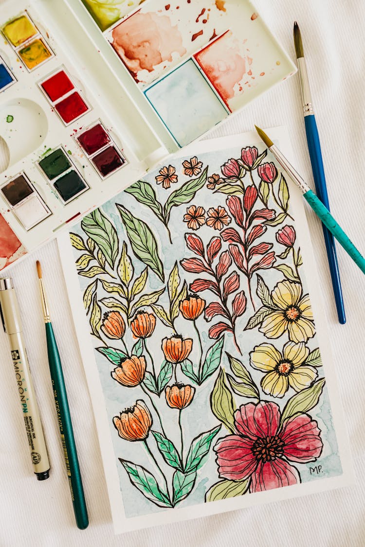 Paintbrushes And Watercolor Near Flowers Painting