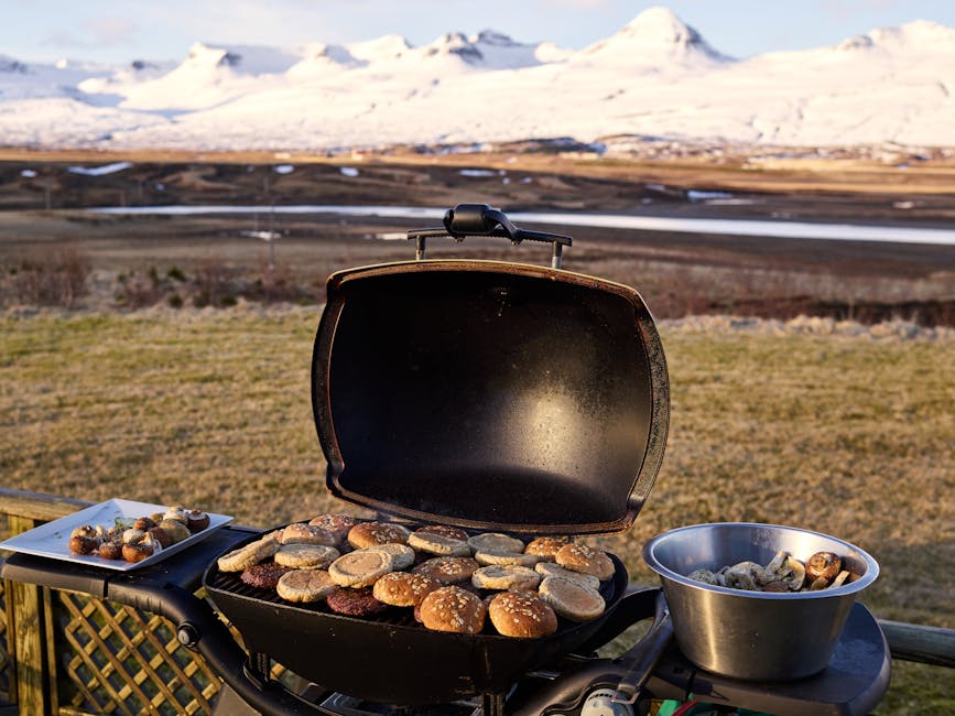 From above of buns and meat placed on metal grill on terrace opposite snowy mountains