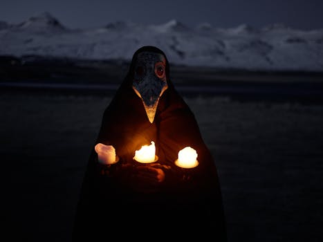 Unrecognizable person in plague mask standing in front of snowy hills at night and holding burning candles while looking at camera