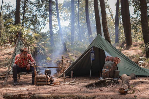 Free Hiker resting near fire and tent during travelling Stock Photo