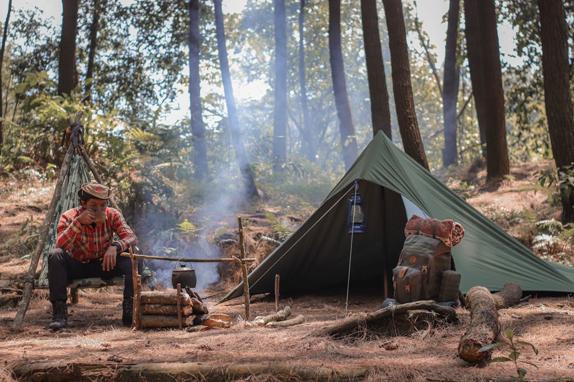 Free Hiker resting near fire and tent during travelling Stock Photo