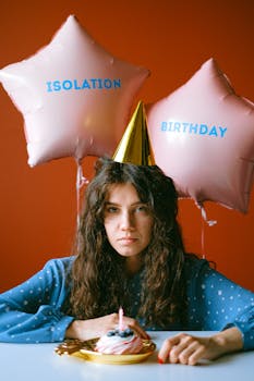 女子用明星气球和纸杯蛋糕独自庆祝生日，传达隔离主题