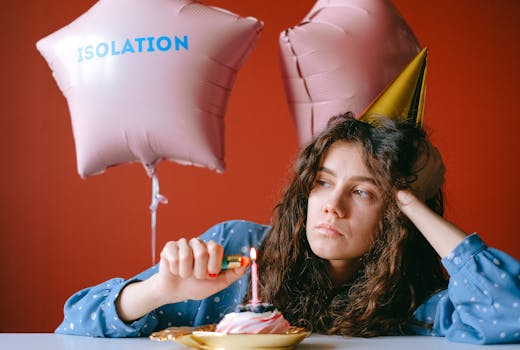 A thoughtful woman celebrates a birthday alone, highlighting isolation and longing.