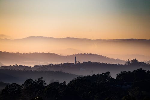 Dark silent hills covered with forest and dense fog under colorful sky during sunrise in summer morning