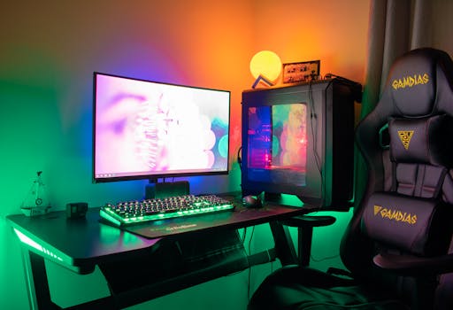 A colorful gaming setup featuring a PC, monitor, and gaming chair with RGB lights in a dark room.
