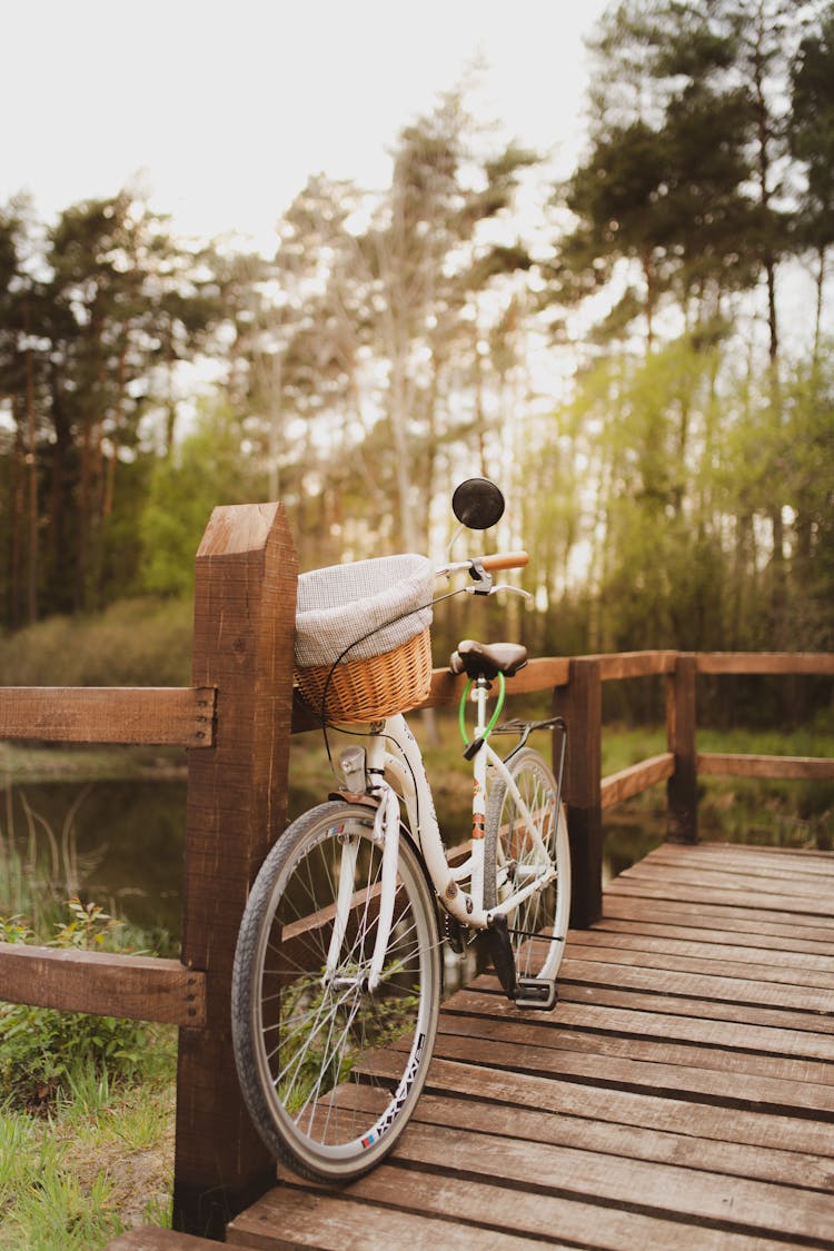 Bike On Wooden Porch In Countryside In Sunlight