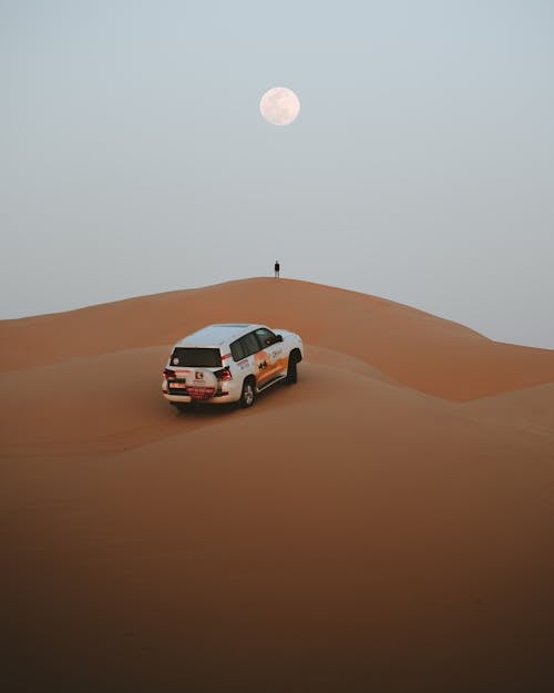沙漠上的白色和红色汽车