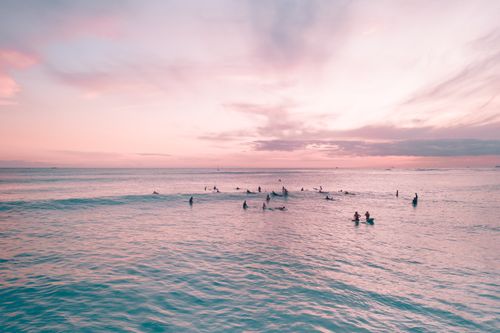 Free Silhouettes of surfers at Waikiki Beach during a vibrant sunset in Honolulu, Hawaii. Stock Photo