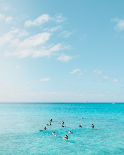 Free A group of surfers enjoying a sunny day on the pristine ocean waters of Hawaii. Stock Photo