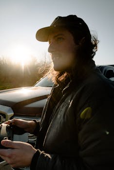 Side view of smiling guy with plastic drone remote control standing near car in bright sunlight in evening in back lit and looking away
