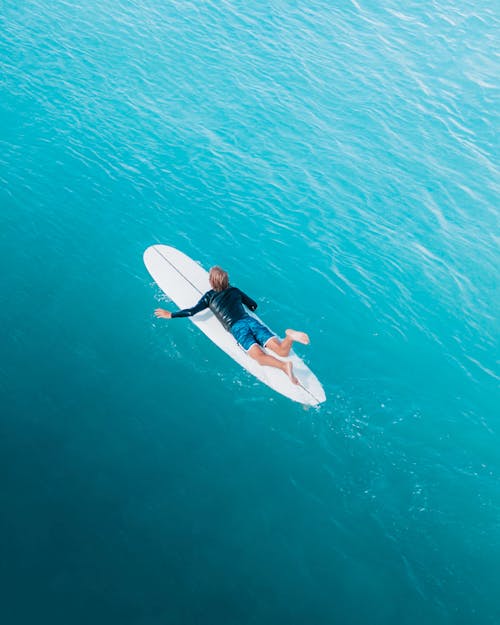 Woman in Black and White Wetsuit Lying on White Surfboard on Body of Water