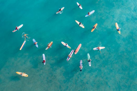 Aerial photograph of surfers paddling in the vibrant blue ocean off the coast of Hawaii.