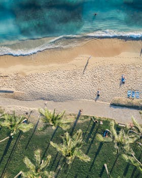 A stunning aerial shot of a tropical beach in Hawaii, showcasing the clear blue ocean and sandy shores.